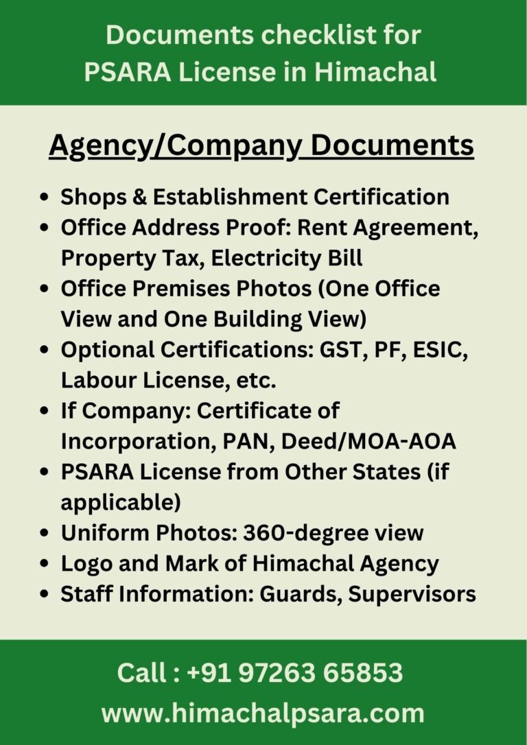 Documents checklist for PSARA License in Himachal